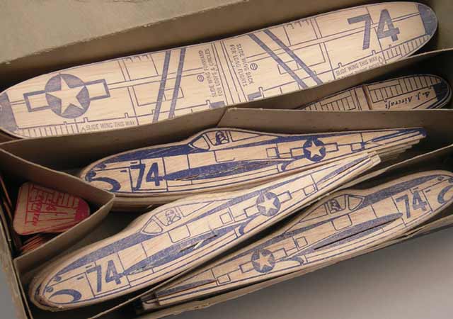 Box of model 74 Fighter balsa parts from 1954