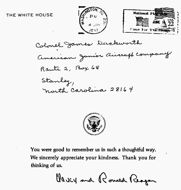 Acknowledgement from the White House and President Reagan upon receiving a folding wing interceptor.