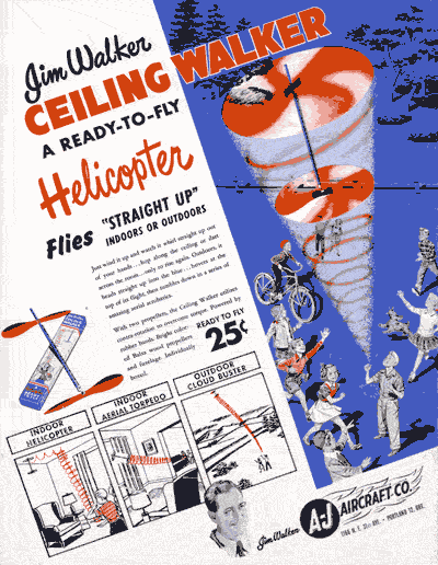American Junior advertisement for the Jim Walker Ceiling Walker - a small balsa and rubber powered helicopter