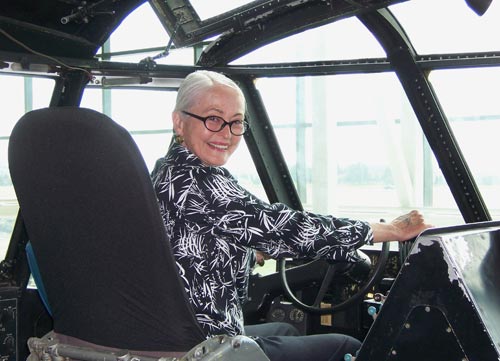 Marilyn Portwood at the pilot seat of the Spruce Goose